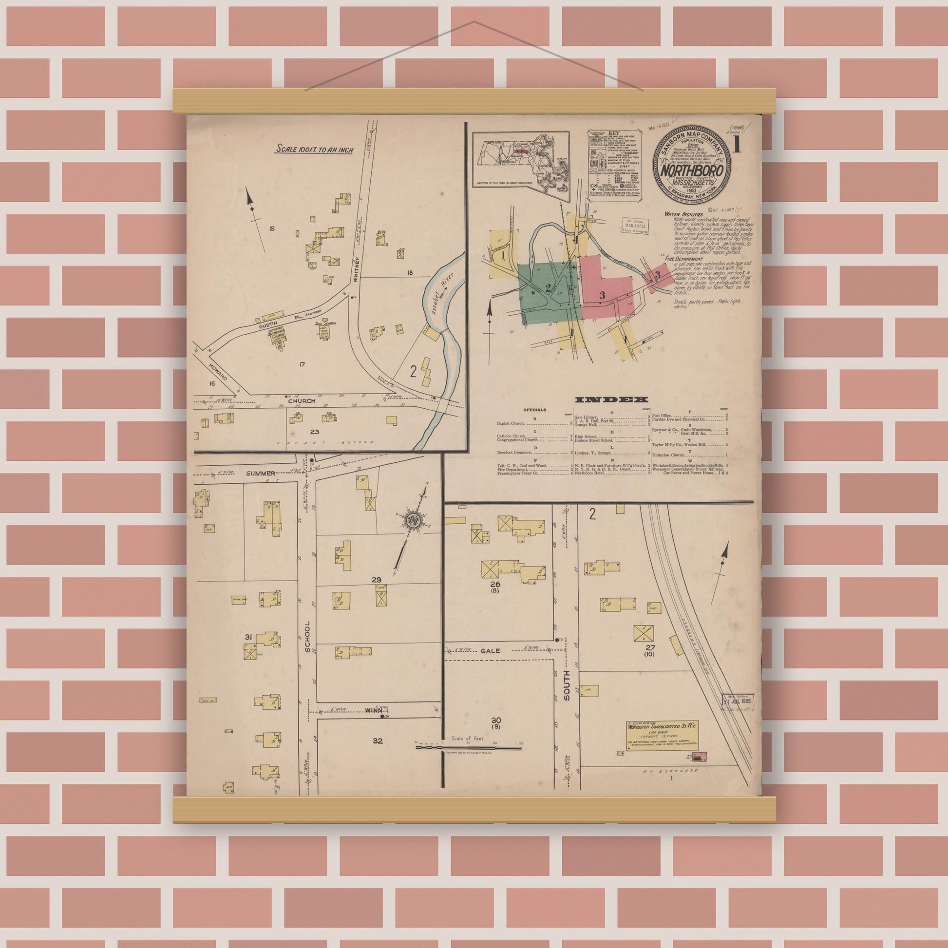Old map wall art mockup — magnetic wood frame on brick wall — Sanborn Fire Insurance Map from Northboro, Worcester County, Massachusetts (1921) - Complete Map Set