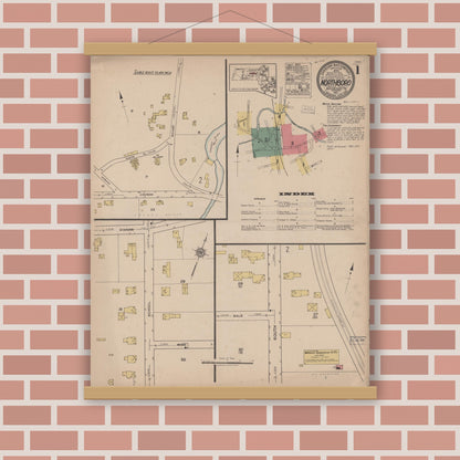 Old map wall art mockup — magnetic wood frame on brick wall — Sanborn Fire Insurance Map from Northboro, Worcester County, Massachusetts (1921) - Complete Map Set