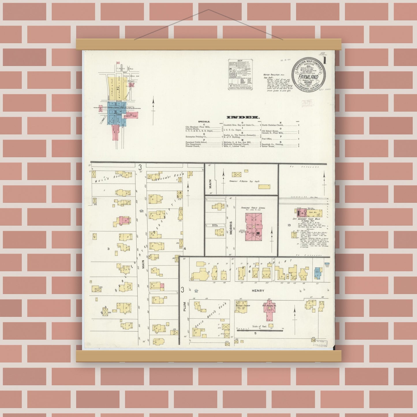 Old map wall art mockup — magnetic wood frame on brick wall — Sanborn Fire Insurance Map from Farmland, Randolph County, Indiana (1911) - Complete Map Set