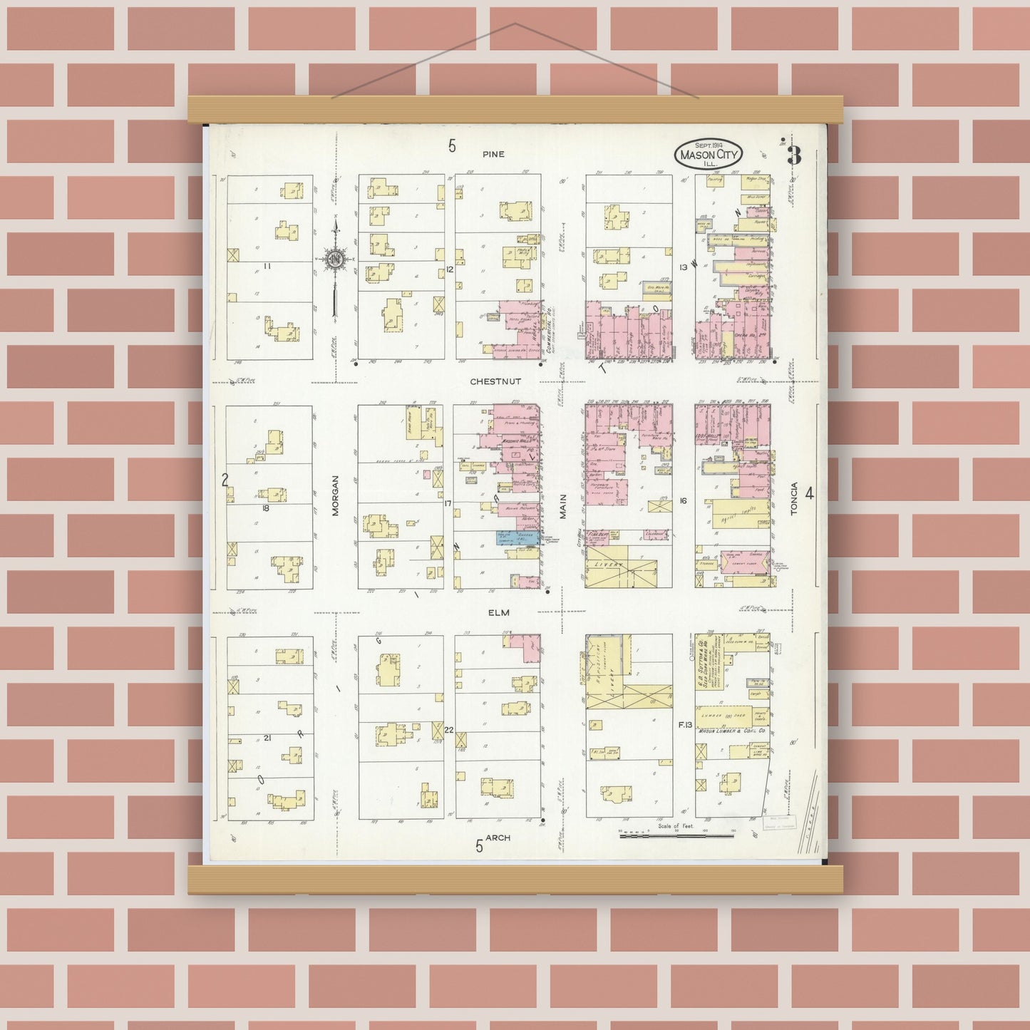 Old map wall art mockup — magnetic wood frame on brick wall — Sanborn Fire Insurance Map from Mason City, Mason County, Illinois (1914), Sheet #0003
