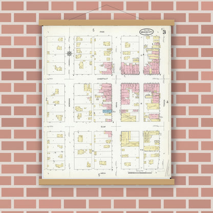 Old map wall art mockup — magnetic wood frame on brick wall — Sanborn Fire Insurance Map from Mason City, Mason County, Illinois (1914), Sheet #0003