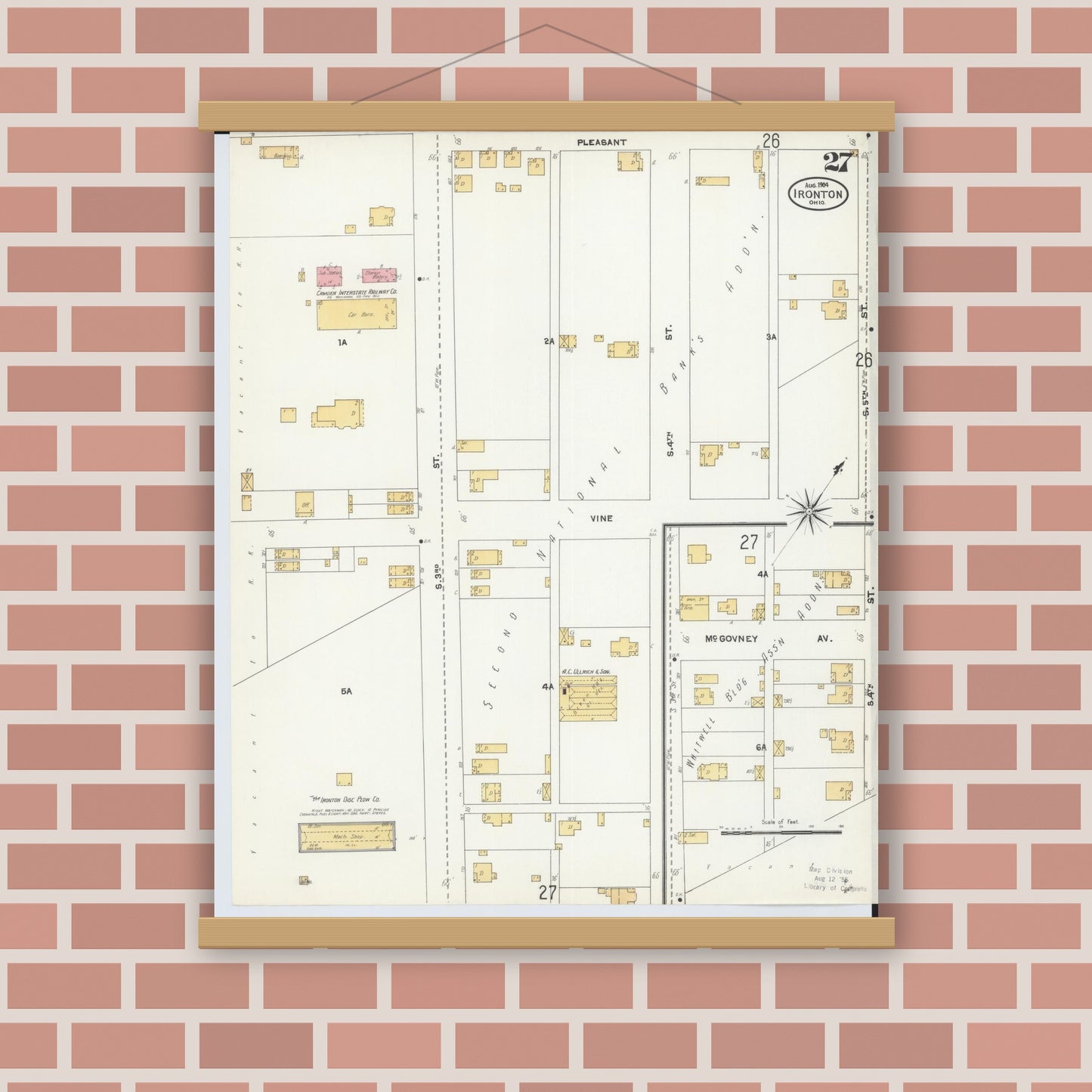 Old map wall art mockup — magnetic wood frame on brick wall — Sanborn Fire Insurance Map from Ironton, Lawrence County, Ohio (1904), Sheet #0027