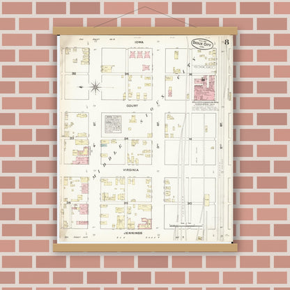 Old map wall art mockup — magnetic wood frame on brick wall — Sanborn Fire Insurance Map from Sioux City, Woodbury County, Iowa (1884), Sheet #0008