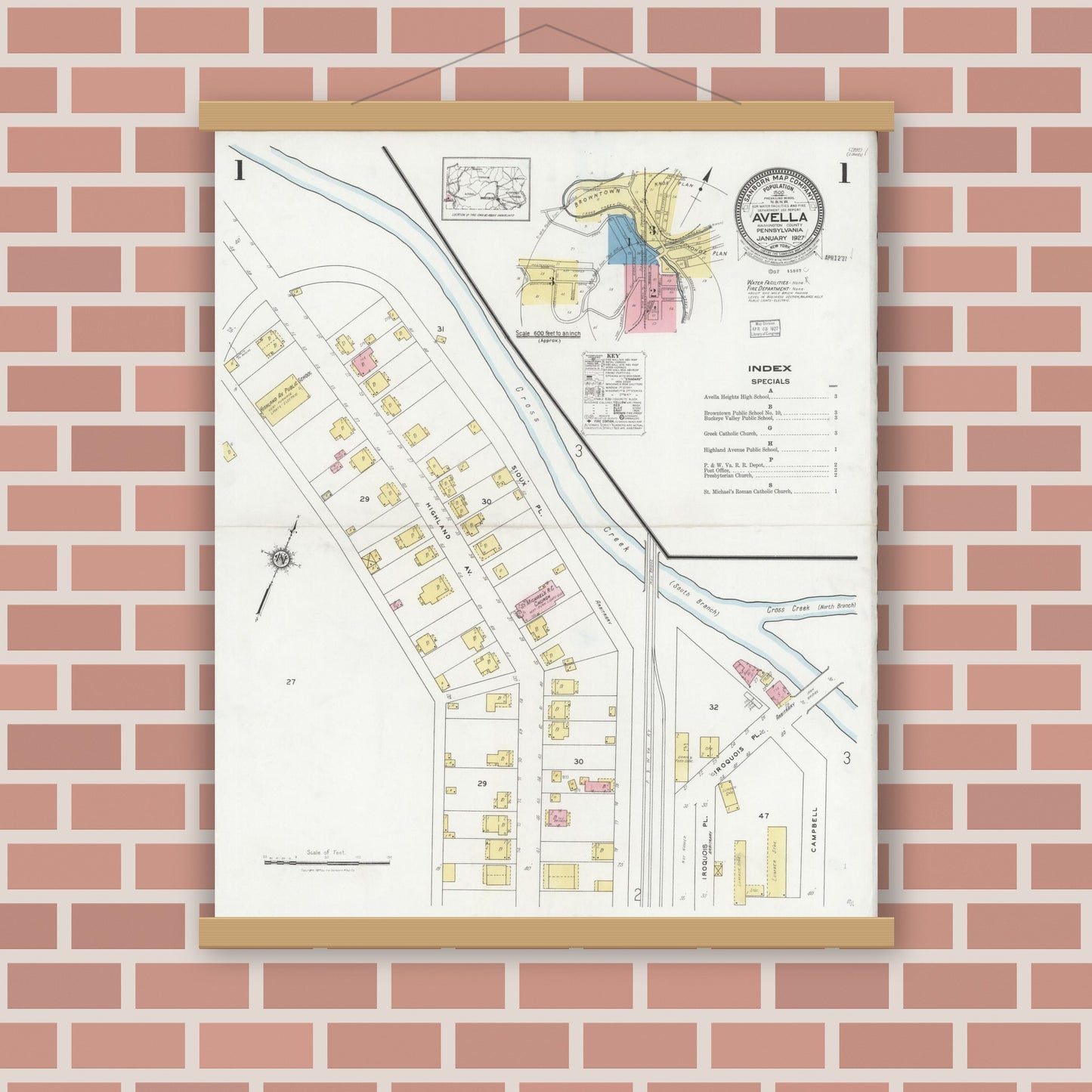 Old map wall art mockup — magnetic wood frame on brick wall — Sanborn Fire Insurance Map from Avella, Washington County, Pennsylvania (1927), Sheet #0001