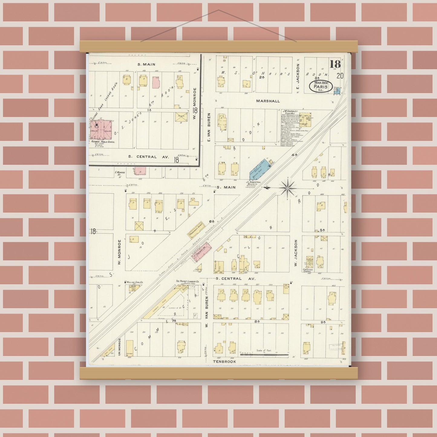Old map wall art mockup — magnetic wood frame on brick wall — Sanborn Fire Insurance Map from Paris, Edgar County, Illinois (1908), Sheet #0018