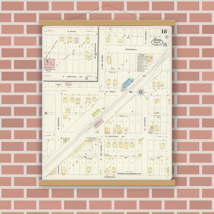 Old map wall art mockup — magnetic wood frame on brick wall — Sanborn Fire Insurance Map from Paris, Edgar County, Illinois (1908), Sheet #0018