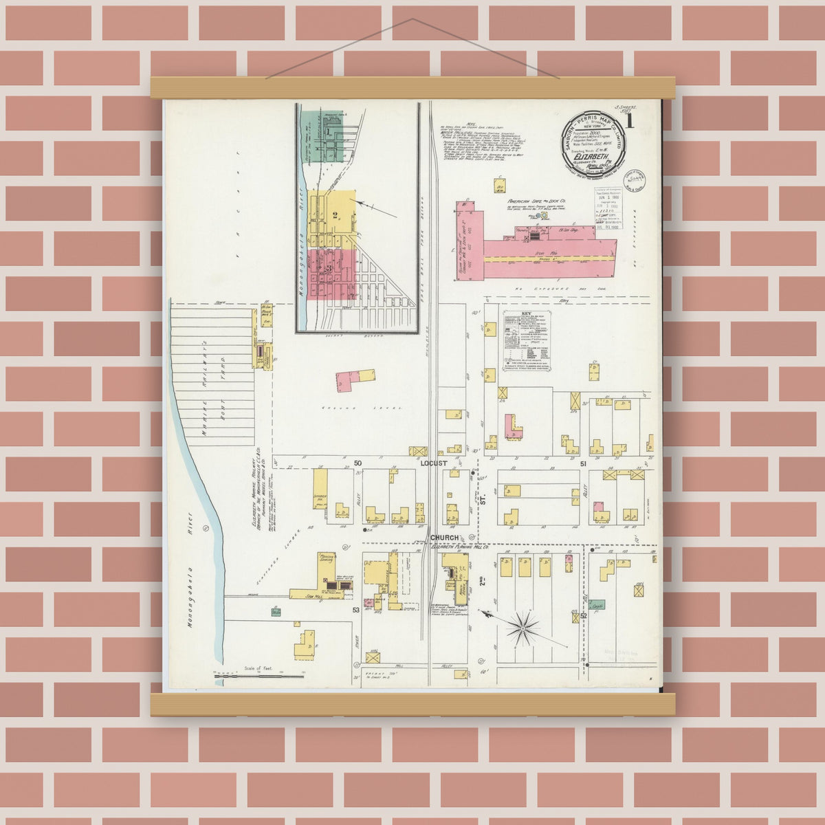 Old map wall art mockup — magnetic wood frame on brick wall — Sanborn Fire Insurance Map from Elizabeth, Allegheny County, Pennsylvania (1900) - Complete Map Set