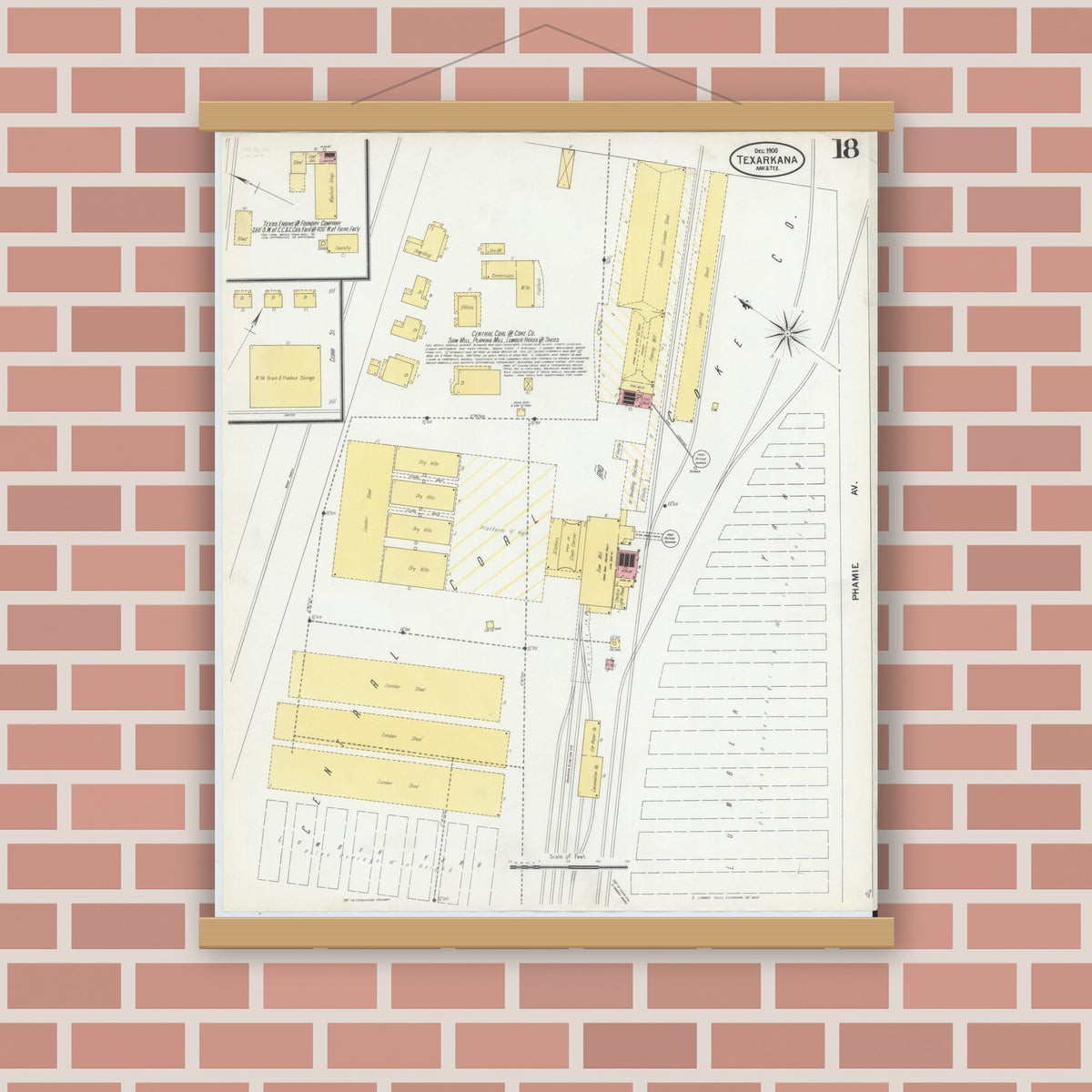 Old map wall art mockup — magnetic wood frame on brick wall — Sanborn Fire Insurance Map from Texarkana, Bowie County, Texas (1900), Sheet #0018