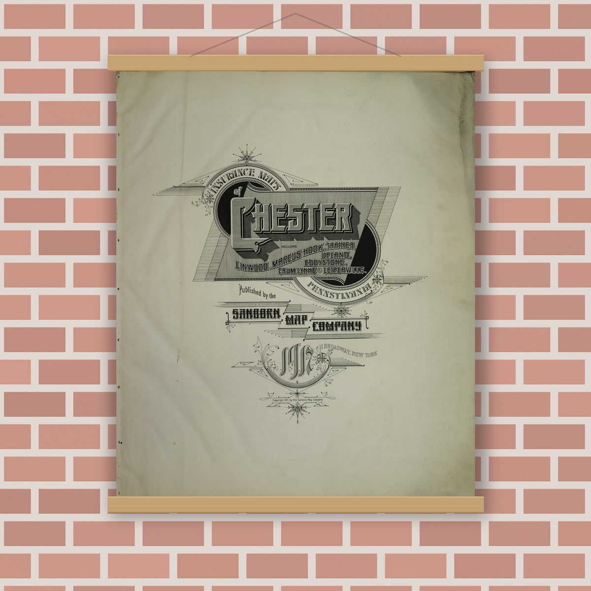 Old map wall art mockup — magnetic wood frame on brick wall — Sanborn Fire Insurance Map from Chester, Delaware County, Pennsylvania (1917), Sheet #0001