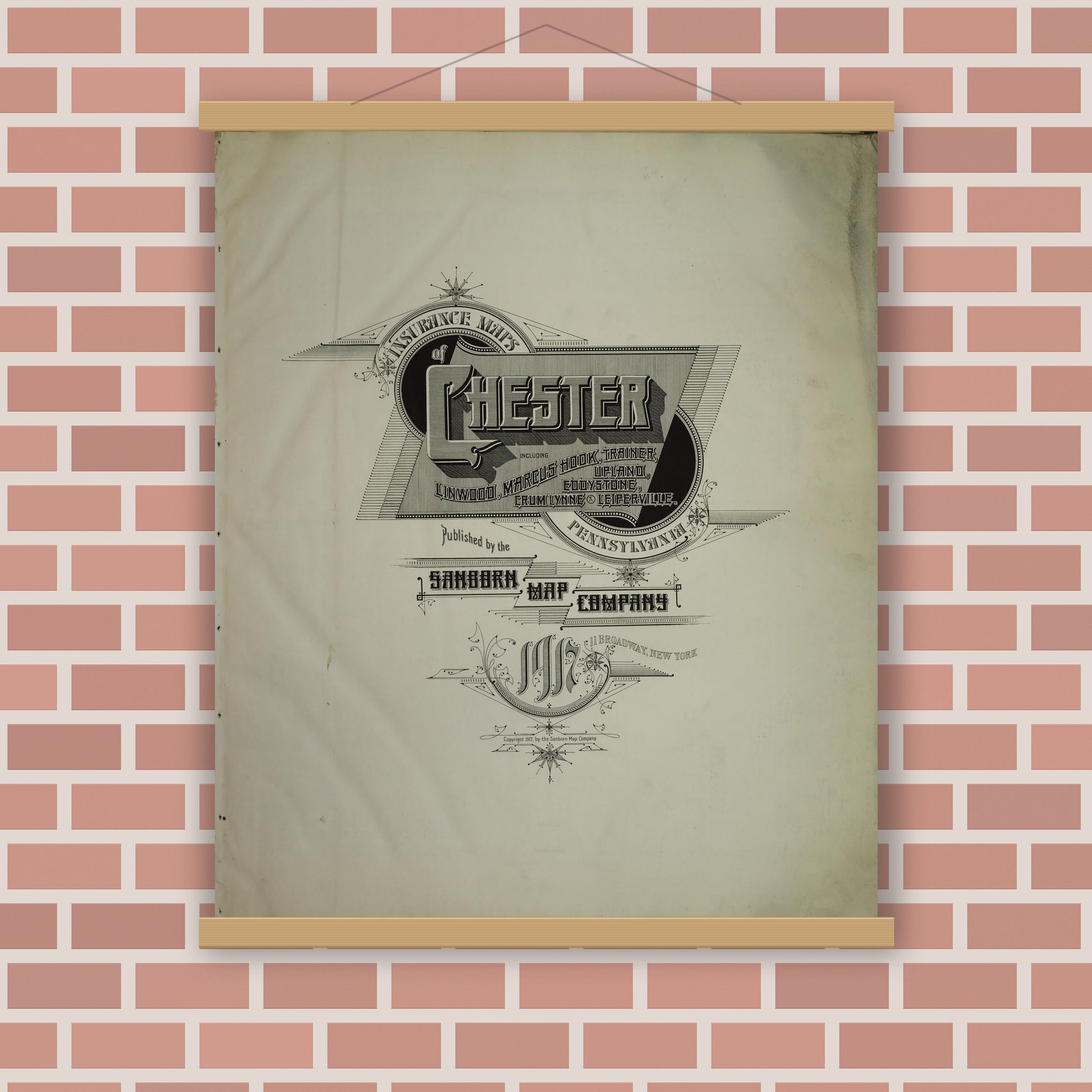 Old map wall art mockup — magnetic wood frame on brick wall — Sanborn Fire Insurance Map from Chester, Delaware County, Pennsylvania (1917), Sheet #0001