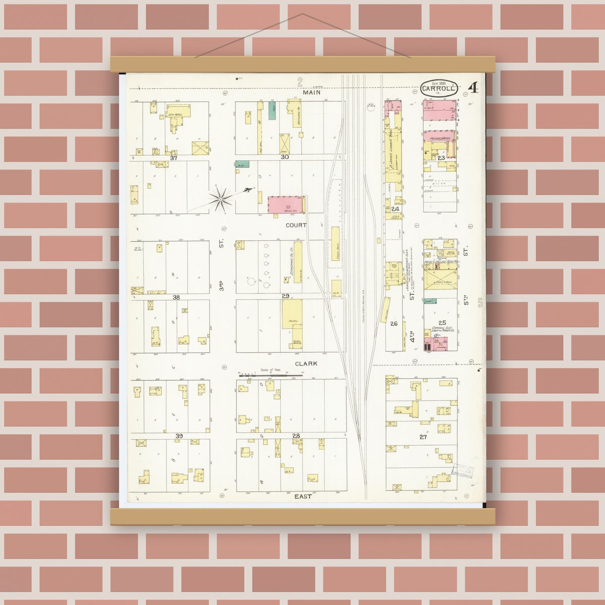 Old map wall art mockup — magnetic wood frame on brick wall — Sanborn Fire Insurance Map from Carroll, Carroll County, Iowa (1893), Sheet #0004