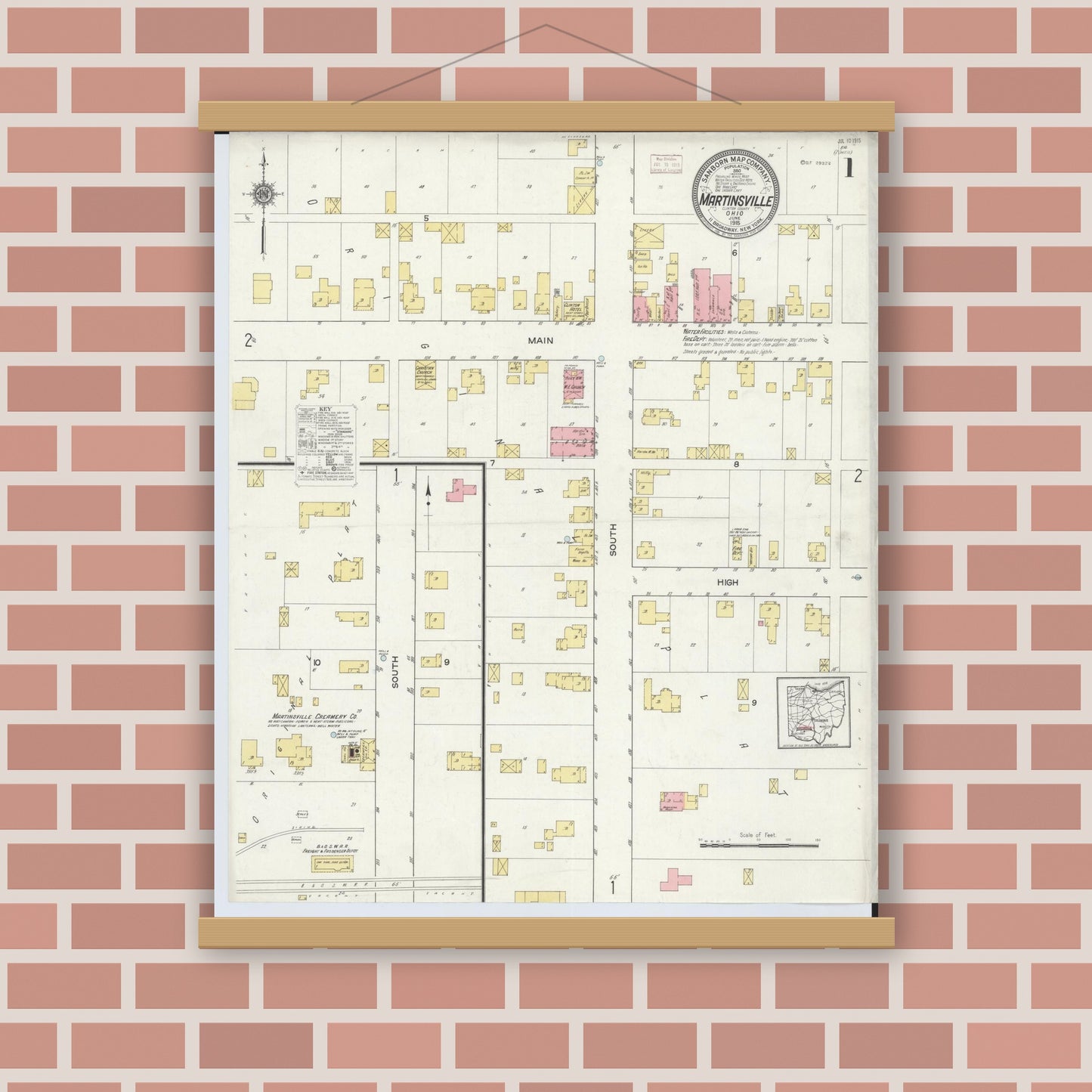 Old map wall art mockup — magnetic wood frame on brick wall — Sanborn Fire Insurance Map from Martinsville, Clinton County, Ohio (1915), Sheet #0001