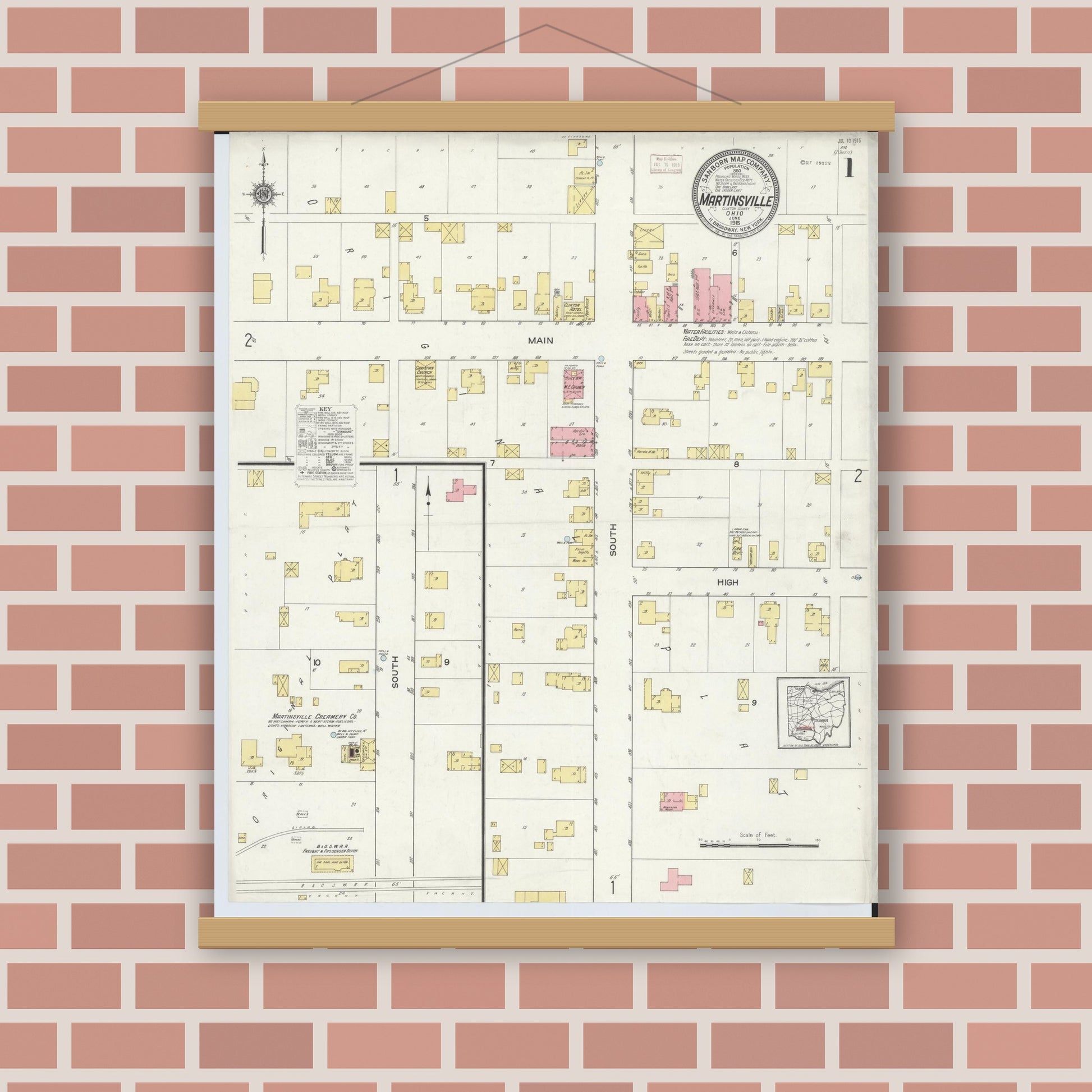 Old map wall art mockup — magnetic wood frame on brick wall — Sanborn Fire Insurance Map from Martinsville, Clinton County, Ohio (1915), Sheet #0001