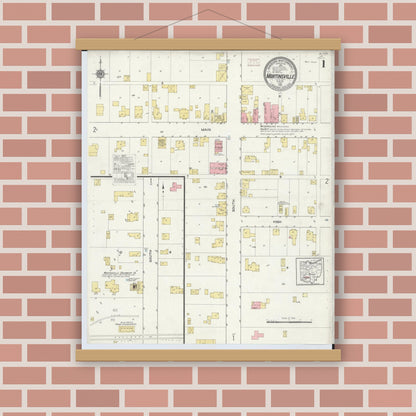 Old map wall art mockup — magnetic wood frame on brick wall — Sanborn Fire Insurance Map from Martinsville, Clinton County, Ohio (1915), Sheet #0001