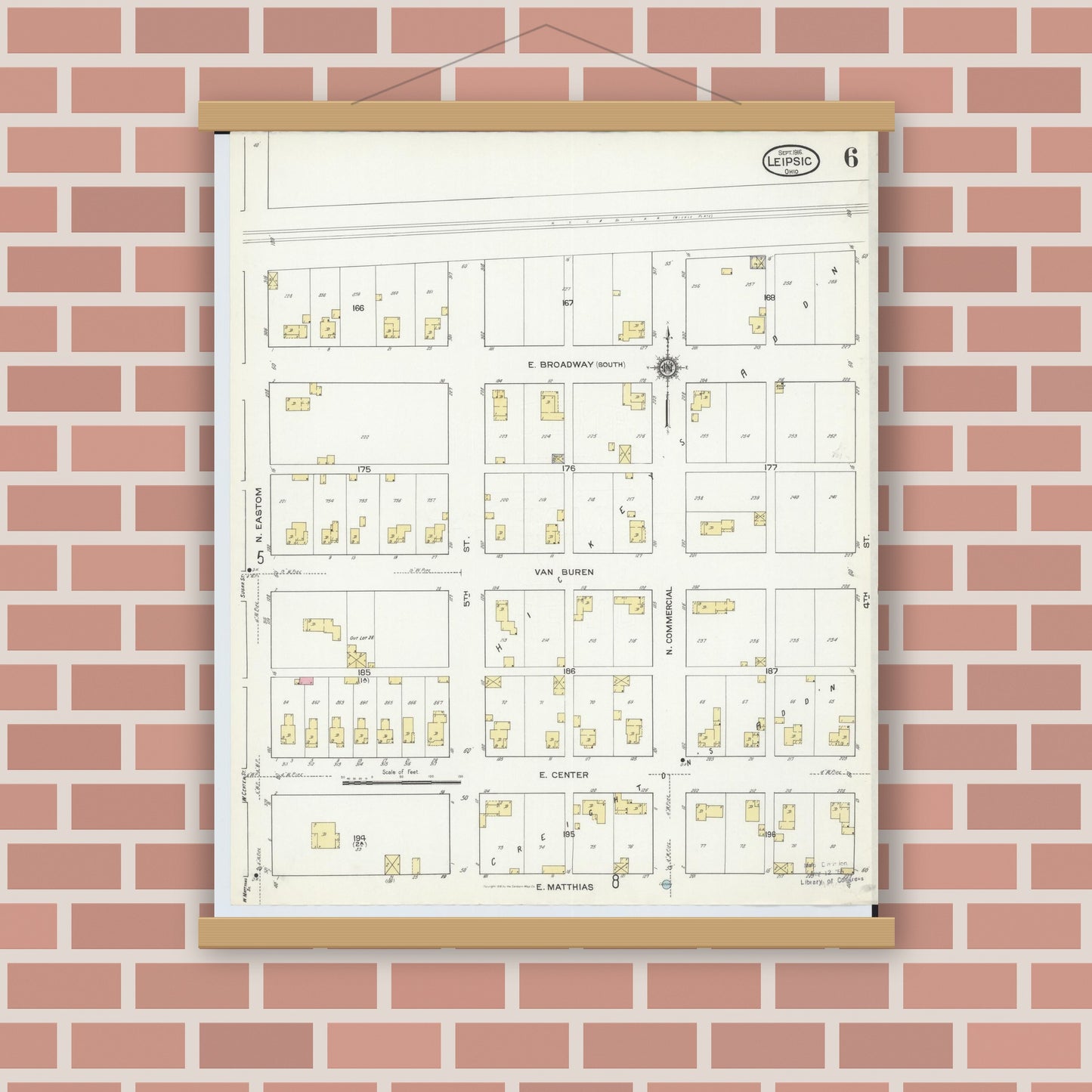 Old map wall art mockup — magnetic wood frame on brick wall — Sanborn Fire Insurance Map from Leipsic, Putnam County, Ohio (1916), Sheet #0006