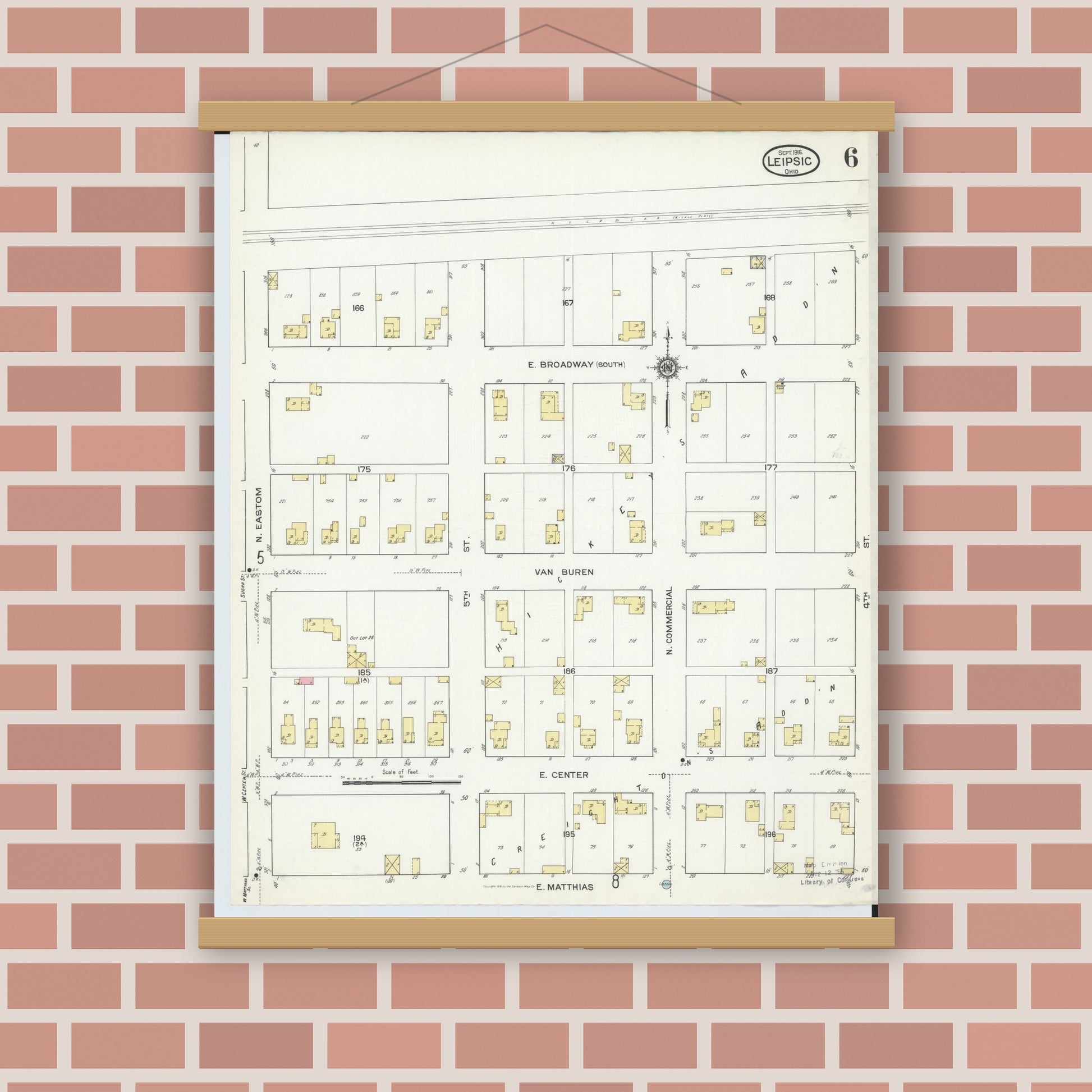 Old map wall art mockup — magnetic wood frame on brick wall — Sanborn Fire Insurance Map from Leipsic, Putnam County, Ohio (1916), Sheet #0006