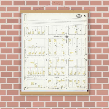 Old map wall art mockup — magnetic wood frame on brick wall — Sanborn Fire Insurance Map from Leipsic, Putnam County, Ohio (1916), Sheet #0006