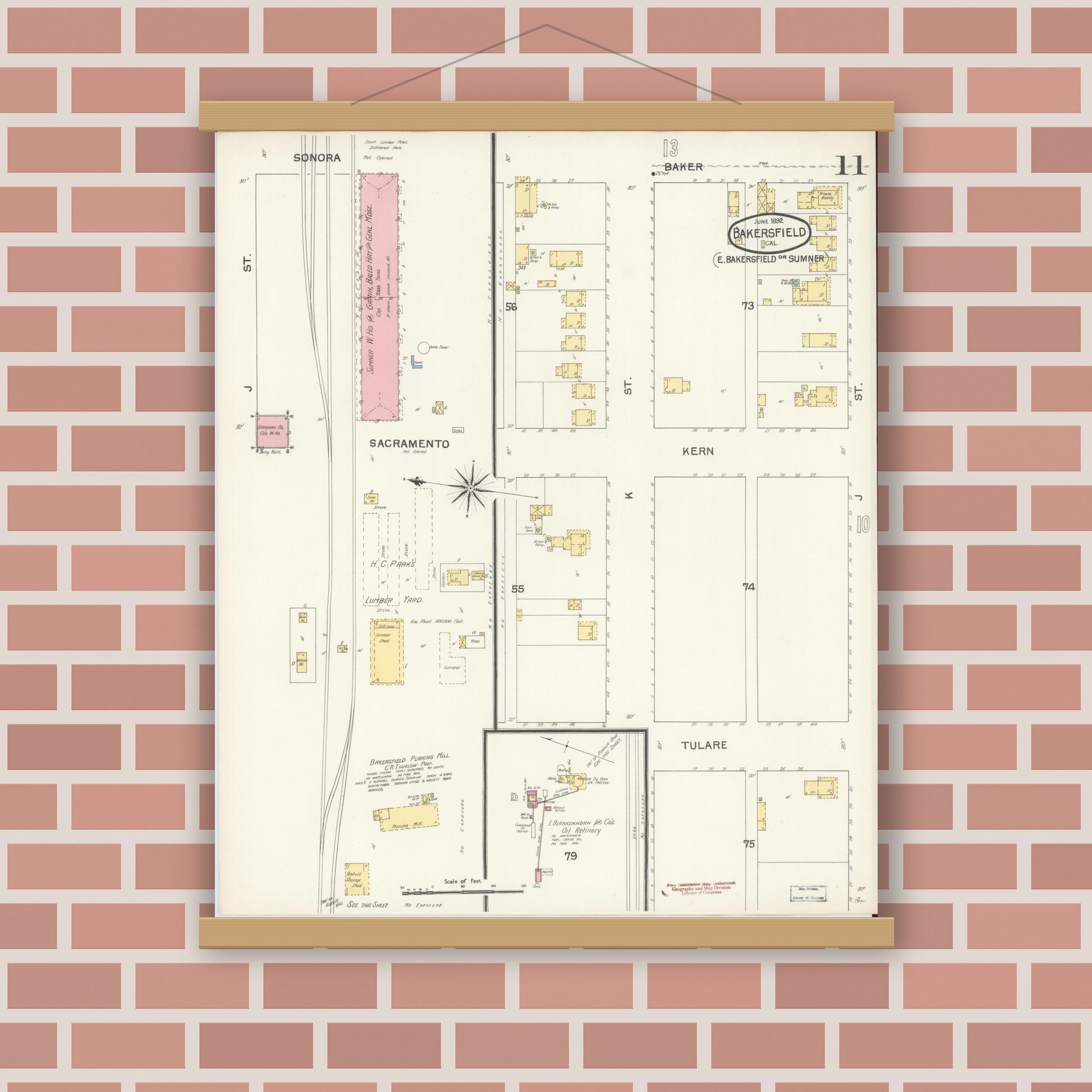 Old map wall art mockup — magnetic wood frame on brick wall — Sanborn Fire Insurance Map from Bakersfield, Kern County, California (1892), Sheet #0011