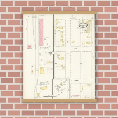 Old map wall art mockup — magnetic wood frame on brick wall — Sanborn Fire Insurance Map from Bakersfield, Kern County, California (1892), Sheet #0011