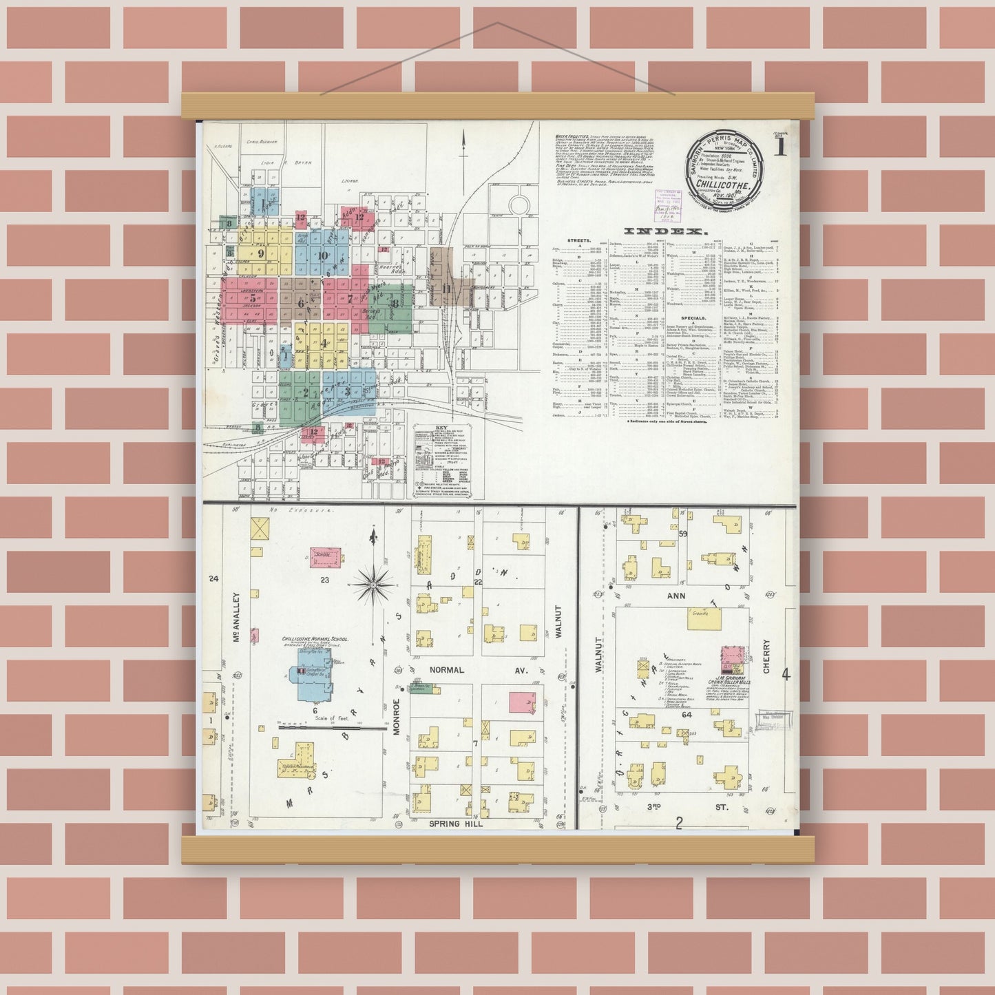 Old map wall art mockup — magnetic wood frame on brick wall — Sanborn Fire Insurance Map from Chillicothe, Livingston County, Missouri (1901) - Complete Map Set