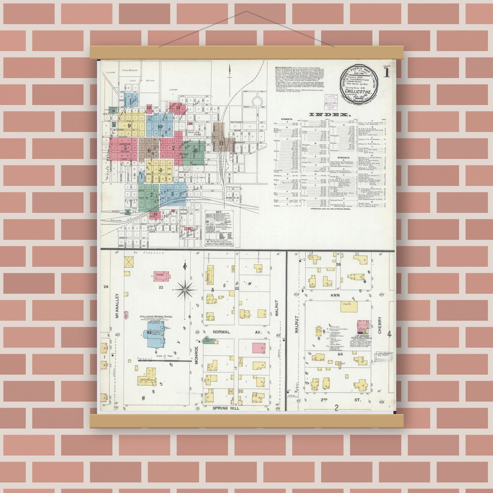 Old map wall art mockup — magnetic wood frame on brick wall — Sanborn Fire Insurance Map from Chillicothe, Livingston County, Missouri (1901) - Complete Map Set