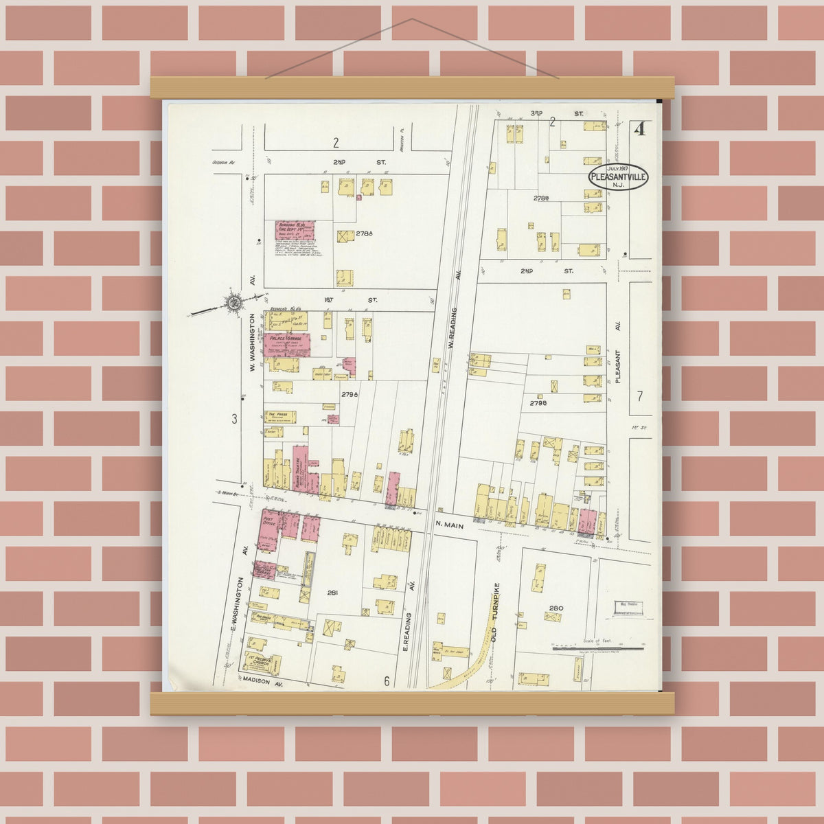 Old map wall art mockup — magnetic wood frame on brick wall — Sanborn Fire Insurance Map from Pleasantville, Atlantic County, New Jersey (1917), Sheet #0004