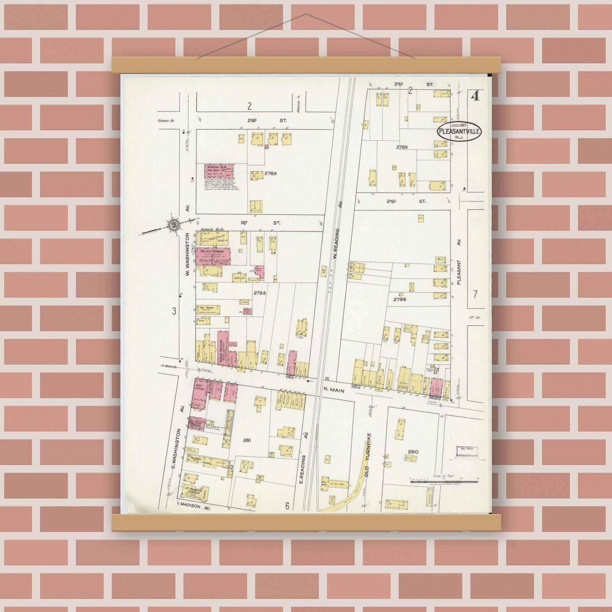 Old map wall art mockup — magnetic wood frame on brick wall — Sanborn Fire Insurance Map from Pleasantville, Atlantic County, New Jersey (1917), Sheet #0004