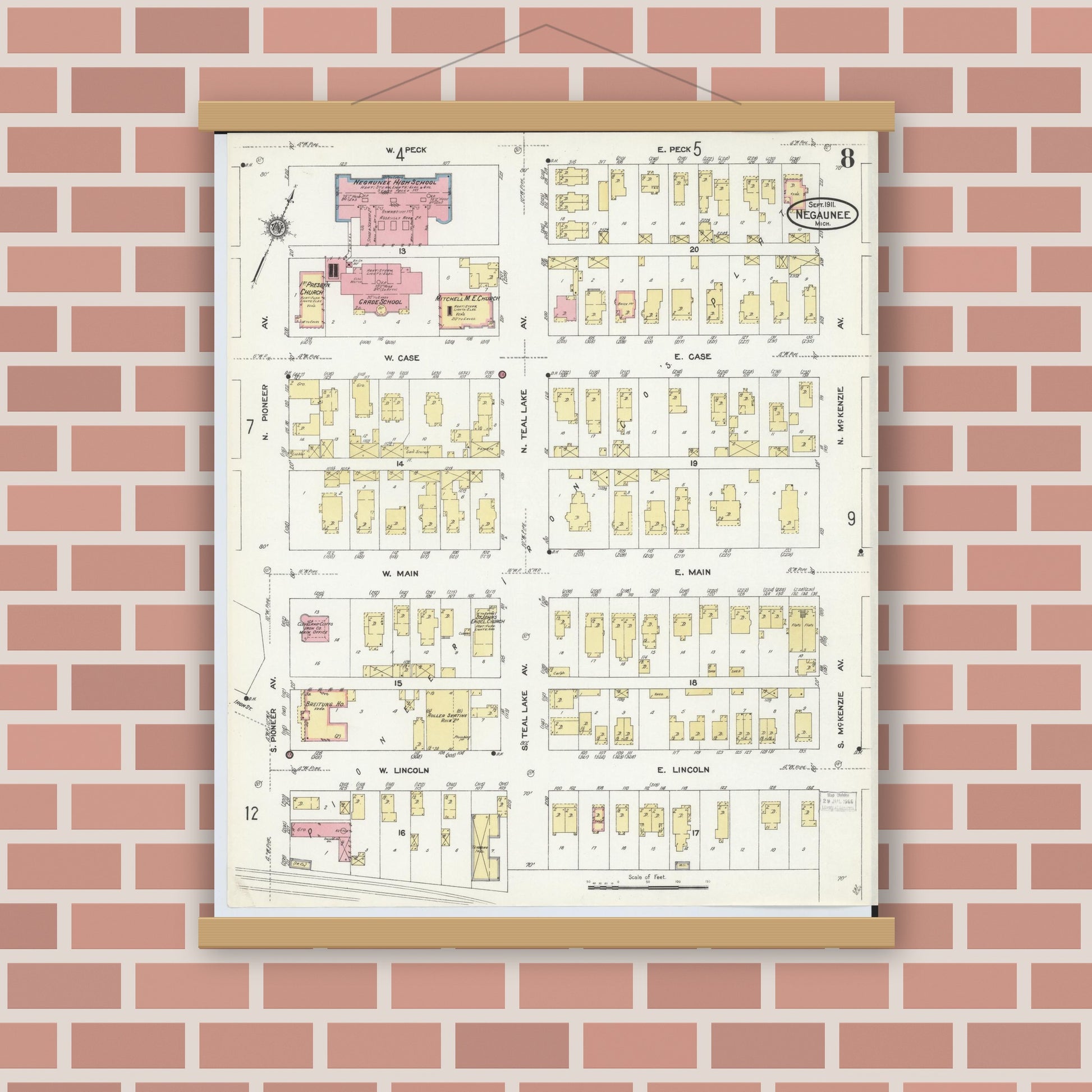 Old map wall art mockup — magnetic wood frame on brick wall — Sanborn Fire Insurance Map from Negaunee, Marquette County, Michigan (1911), Sheet #0008