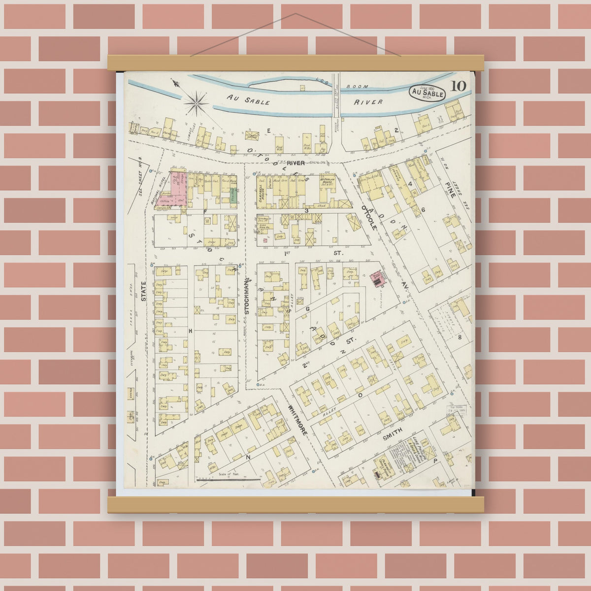 Old map wall art mockup — magnetic wood frame on brick wall — Sanborn Fire Insurance Map from Oscoda, Iosco County, Michigan (1890), Sheet #0010