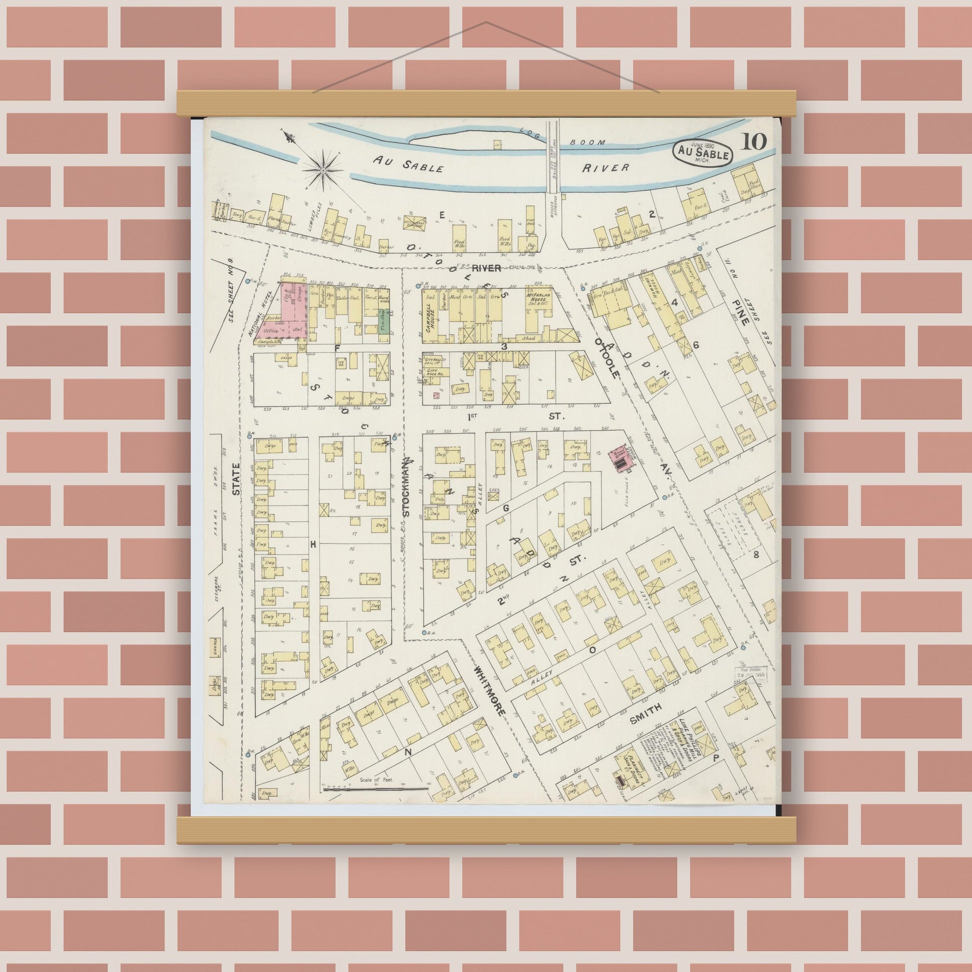 Old map wall art mockup — magnetic wood frame on brick wall — Sanborn Fire Insurance Map from Oscoda, Iosco County, Michigan (1890), Sheet #0010
