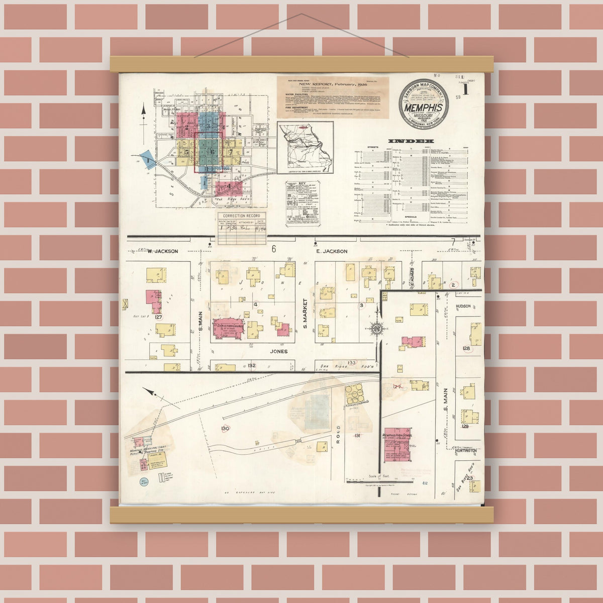 Old map wall art mockup — magnetic wood frame on brick wall — Sanborn Fire Insurance Map from Memphis, Scotland County, Missouri (1936), Sheet #0001