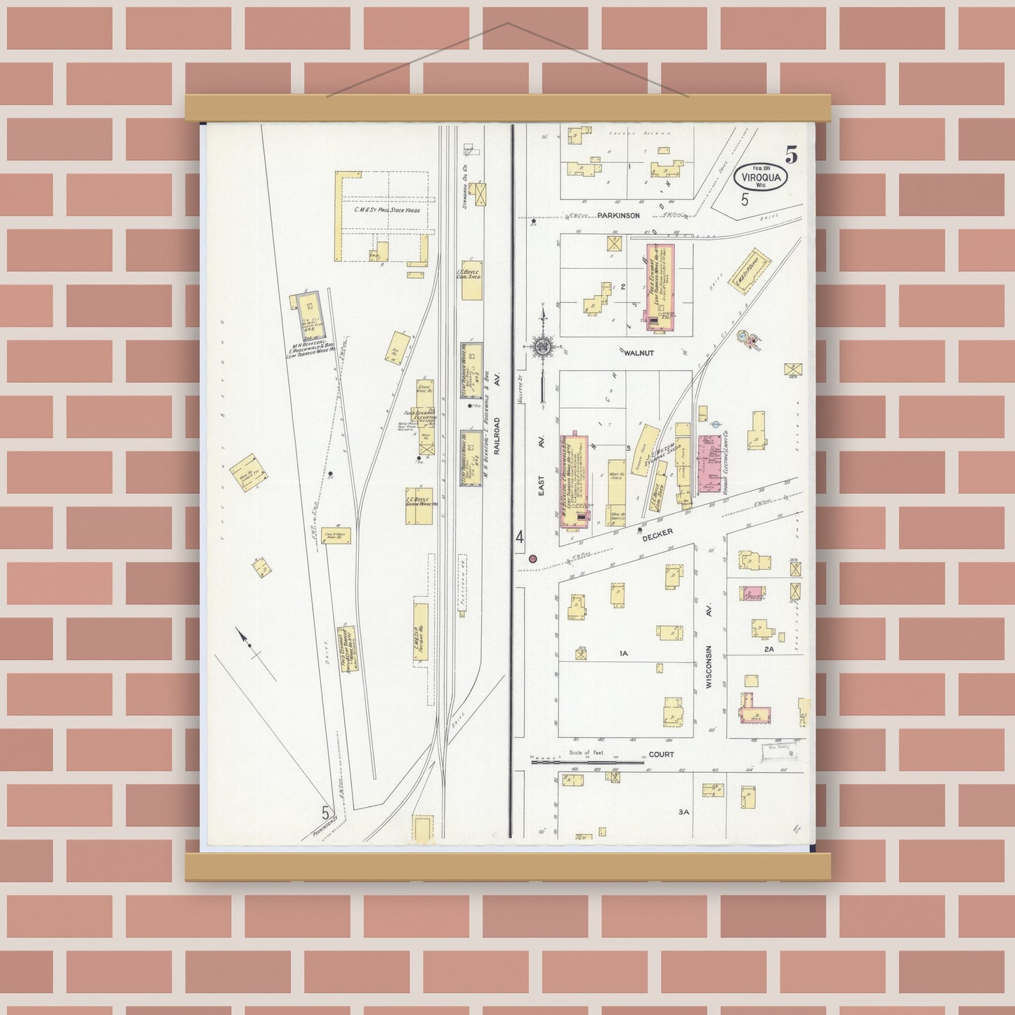 Old map wall art mockup — magnetic wood frame on brick wall — Sanborn Fire Insurance Map from Viroqua, Vernon County, Wisconsin (1911), Sheet #0005