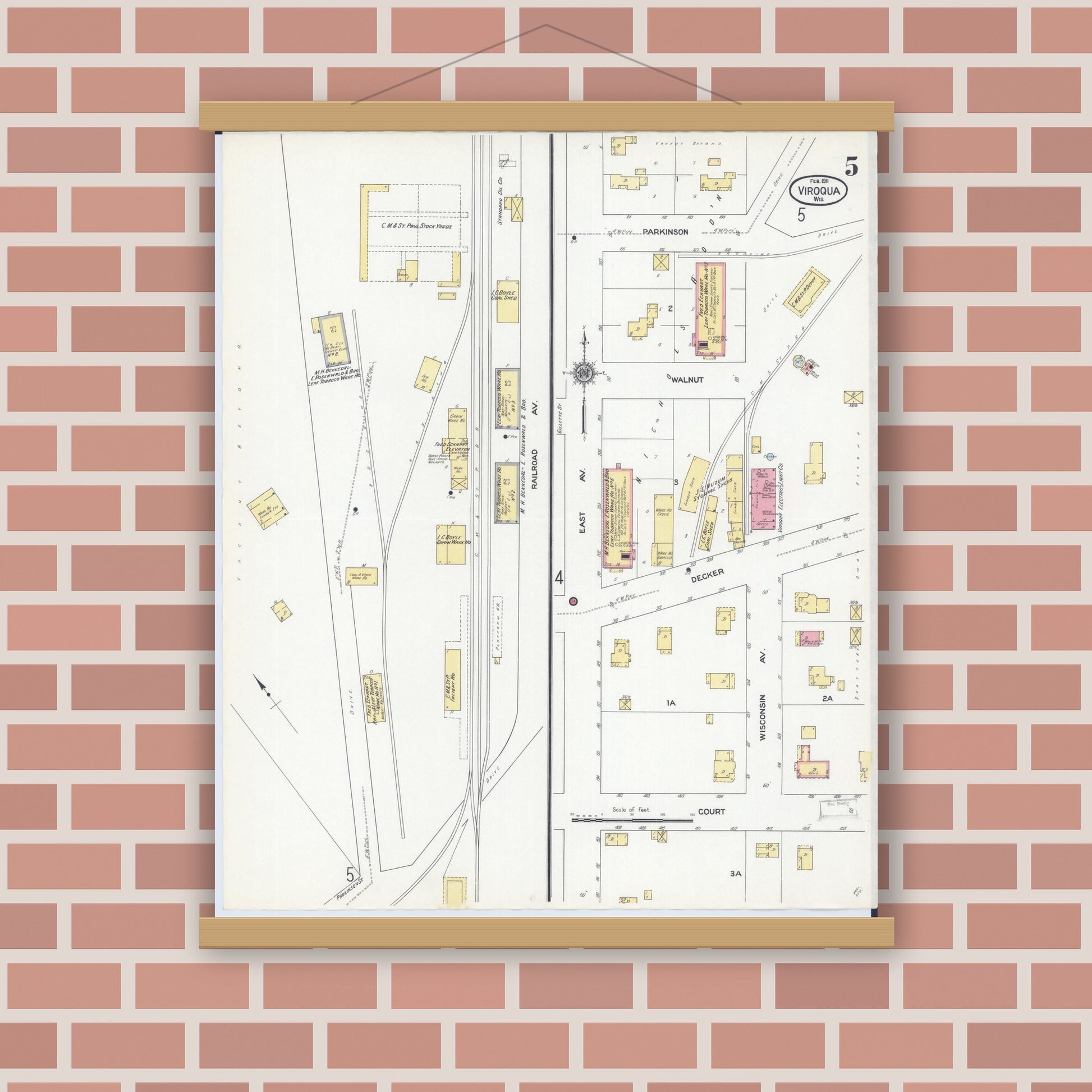 Old map wall art mockup — magnetic wood frame on brick wall — Sanborn Fire Insurance Map from Viroqua, Vernon County, Wisconsin (1911), Sheet #0005
