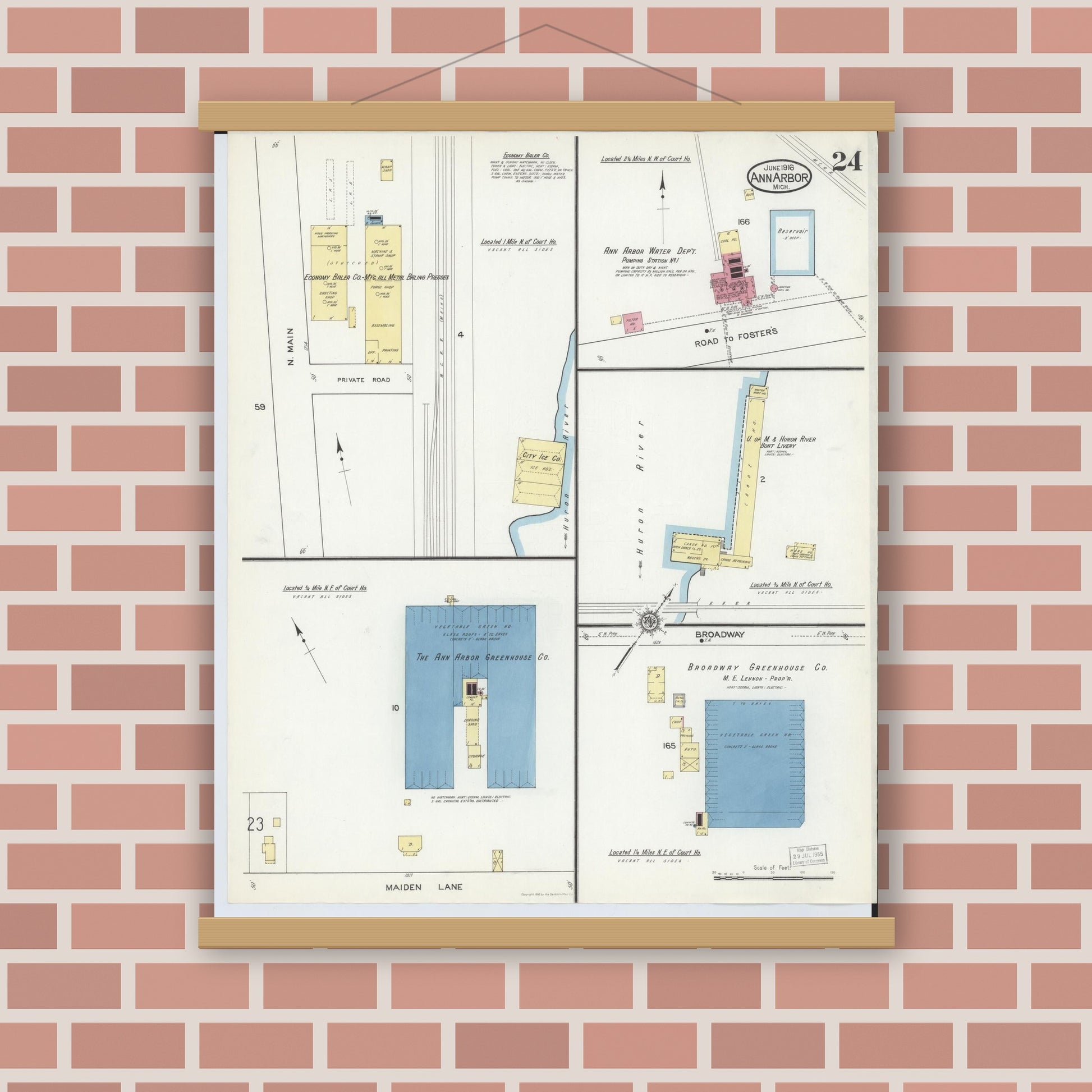 Old map wall art mockup — magnetic wood frame on brick wall — Sanborn Fire Insurance Map from Ann Arbor, Washtenaw County, Michigan (1916), Sheet #0024