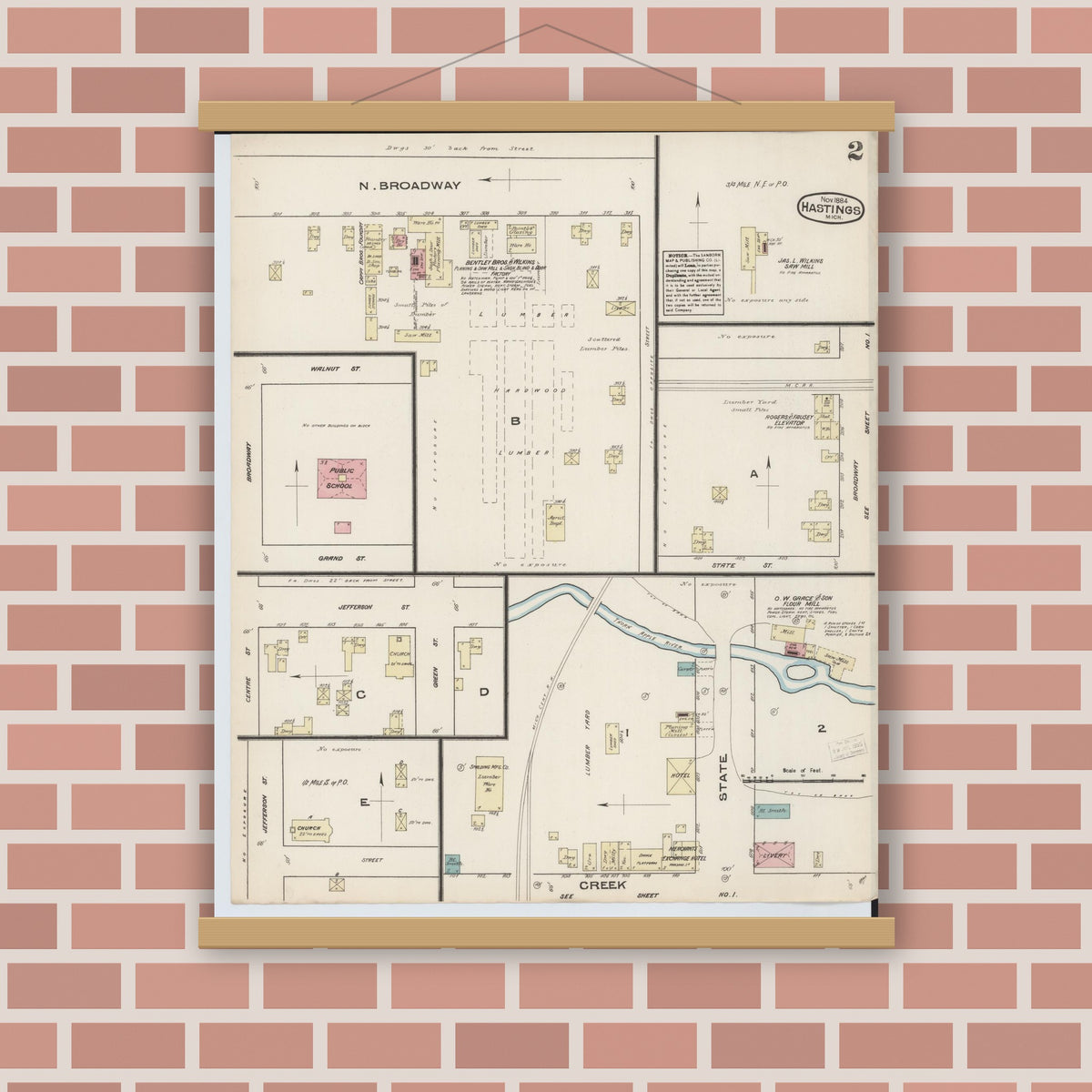 Old map wall art mockup — magnetic wood frame on brick wall — Sanborn Fire Insurance Map from Hastings, Barry County, Michigan (1884), Sheet #0002