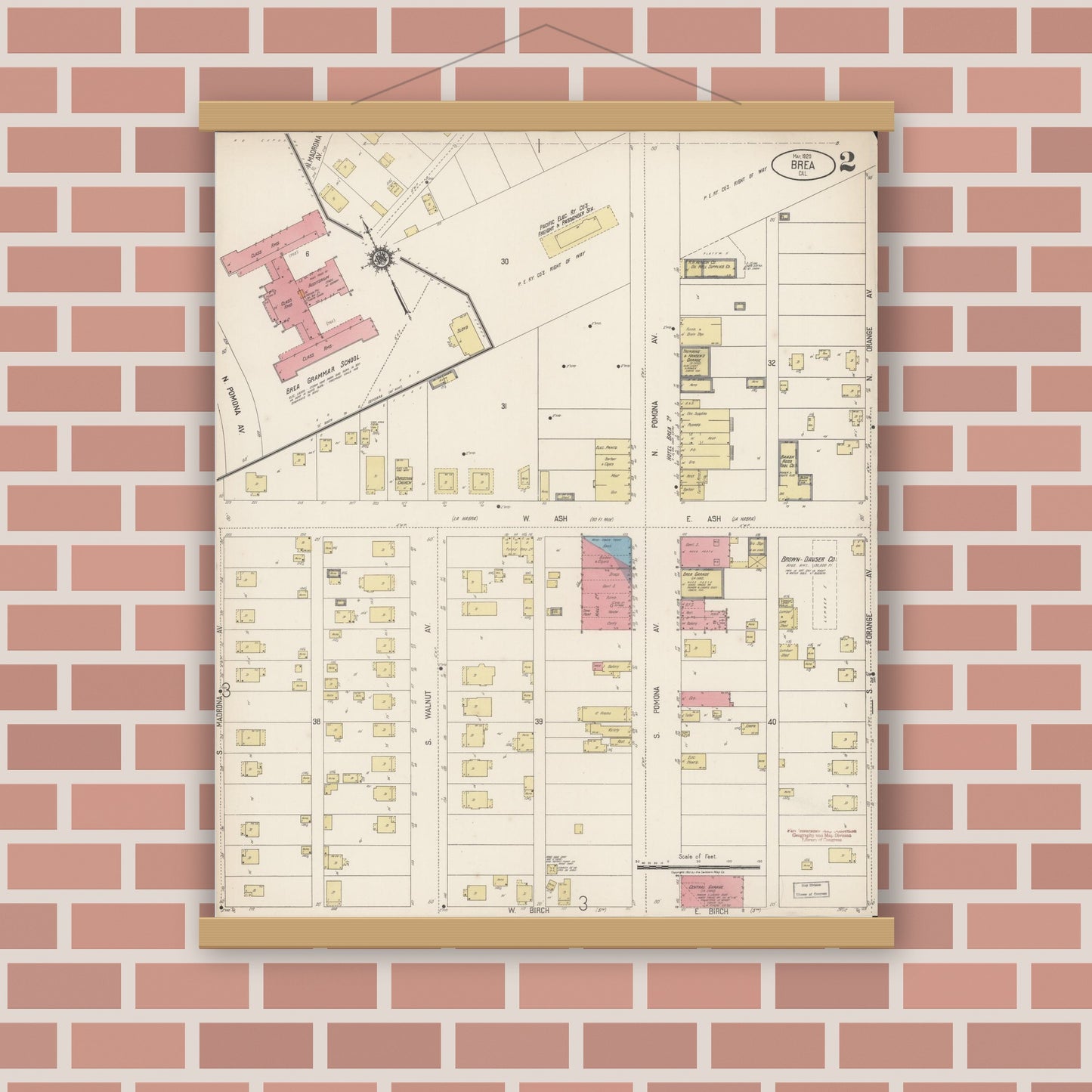 Old map wall art mockup — magnetic wood frame on brick wall — Sanborn Fire Insurance Map from Brea, Orange County, California (1920), Sheet #0002