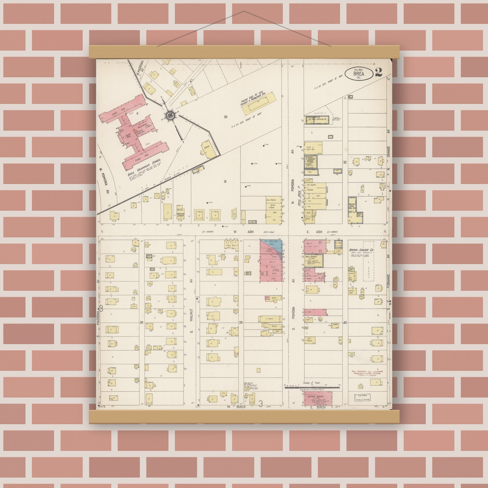 Old map wall art mockup — magnetic wood frame on brick wall — Sanborn Fire Insurance Map from Brea, Orange County, California (1920), Sheet #0002