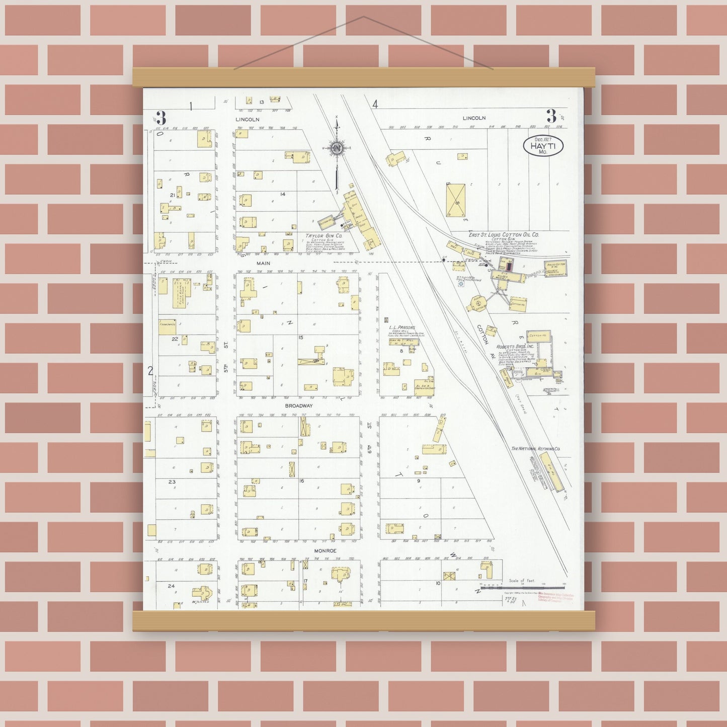 Old map wall art mockup — magnetic wood frame on brick wall — Sanborn Fire Insurance Map from Hayti, Pemiscot County, Missouri (1927), Sheet #0003
