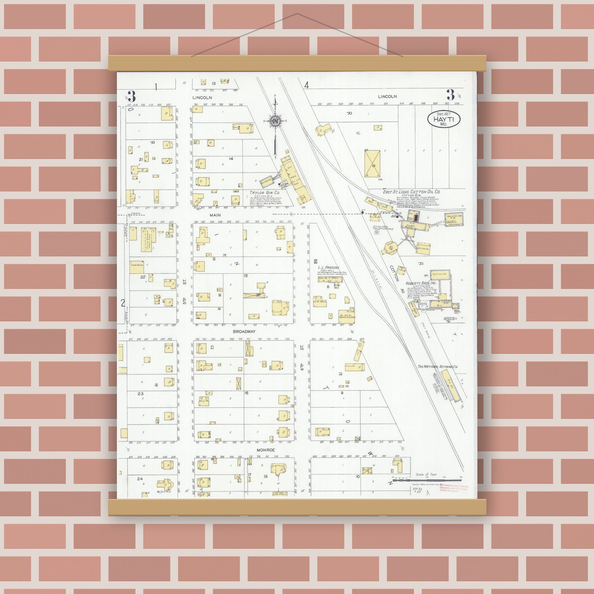 Old map wall art mockup — magnetic wood frame on brick wall — Sanborn Fire Insurance Map from Hayti, Pemiscot County, Missouri (1927), Sheet #0003