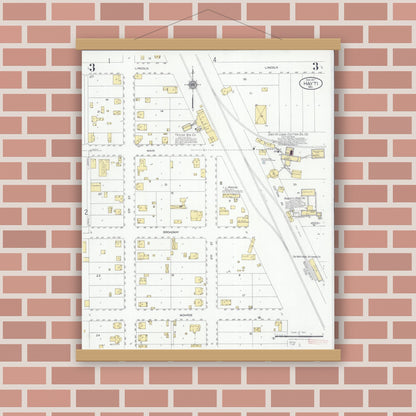 Old map wall art mockup — magnetic wood frame on brick wall — Sanborn Fire Insurance Map from Hayti, Pemiscot County, Missouri (1927), Sheet #0003