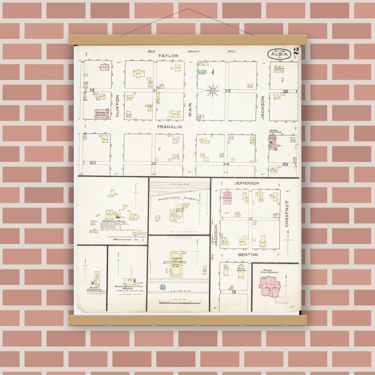 Old map wall art mockup — magnetic wood frame on brick wall — Sanborn Fire Insurance Map from Albia, Monroe County, Iowa (1886), Sheet #0002