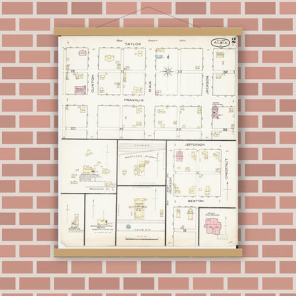 Old map wall art mockup — magnetic wood frame on brick wall — Sanborn Fire Insurance Map from Albia, Monroe County, Iowa (1886), Sheet #0002