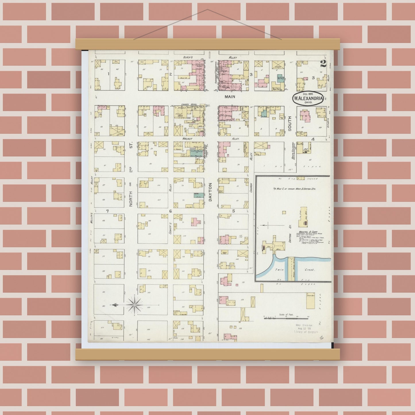 Old map wall art mockup — magnetic wood frame on brick wall — Sanborn Fire Insurance Map from West Alexandria, Preble County, Ohio (1892), Sheet #0002
