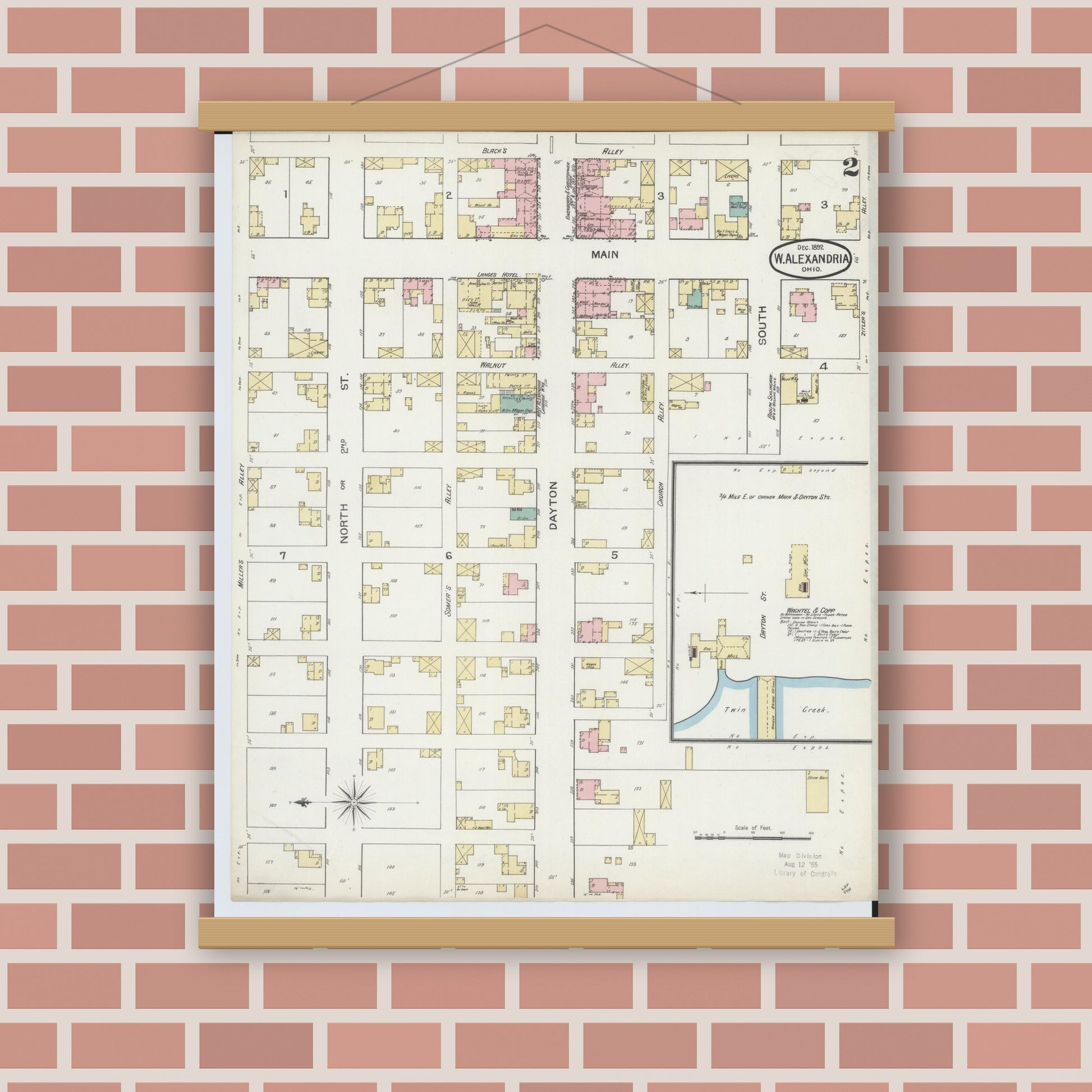 Old map wall art mockup — magnetic wood frame on brick wall — Sanborn Fire Insurance Map from West Alexandria, Preble County, Ohio (1892), Sheet #0002