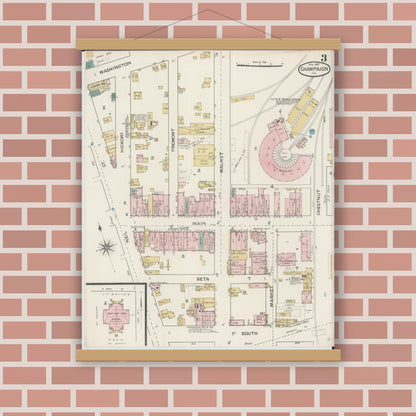 Old map wall art mockup — magnetic wood frame on brick wall — Sanborn Fire Insurance Map from Champaign, Champaign County, Illinois (1887), Sheet #0003