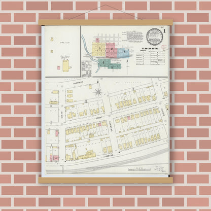 Old map wall art mockup — magnetic wood frame on brick wall — Sanborn Fire Insurance Map from Dennison, Tuscarawas County, Ohio (1895) - Complete Map Set