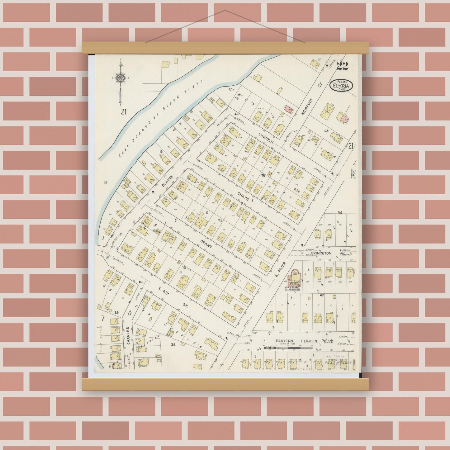 Old map wall art mockup — magnetic wood frame on brick wall — Sanborn Fire Insurance Map from Elyria, Lorain County, Ohio (1915), Sheet #0022