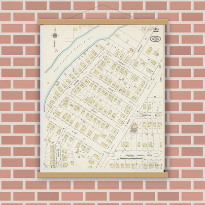 Old map wall art mockup — magnetic wood frame on brick wall — Sanborn Fire Insurance Map from Elyria, Lorain County, Ohio (1915), Sheet #0022