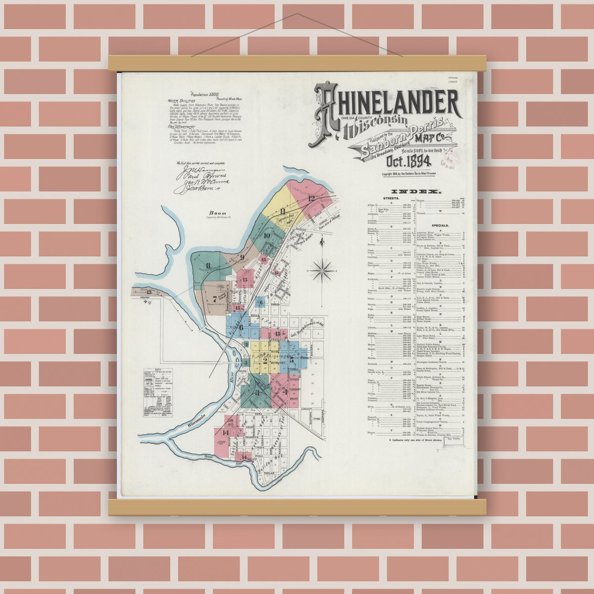 Old map wall art mockup — magnetic wood frame on brick wall — Sanborn Fire Insurance Map from Rhinelander, Oneida County, Wisconsin (1894) - Complete Map Set