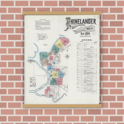 Old map wall art mockup — magnetic wood frame on brick wall — Sanborn Fire Insurance Map from Rhinelander, Oneida County, Wisconsin (1894) - Complete Map Set